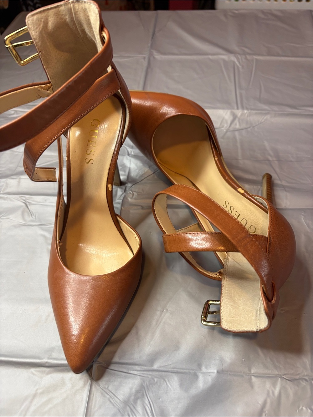 GUESS Cognac Brown Ankle Strap Pointed Toe High Heel Pumps Size 7